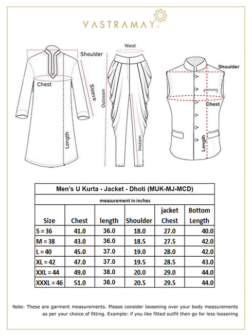 VASTRAMAY Men's Gold Woven Nehru Jacket With Kurta Dhoti Set